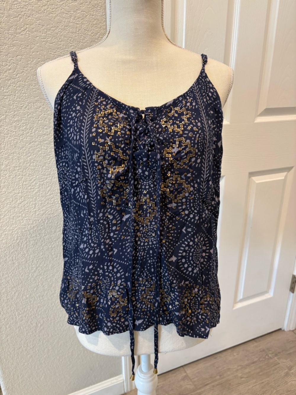 Navy Printed Tie-Front Cami Tank Top